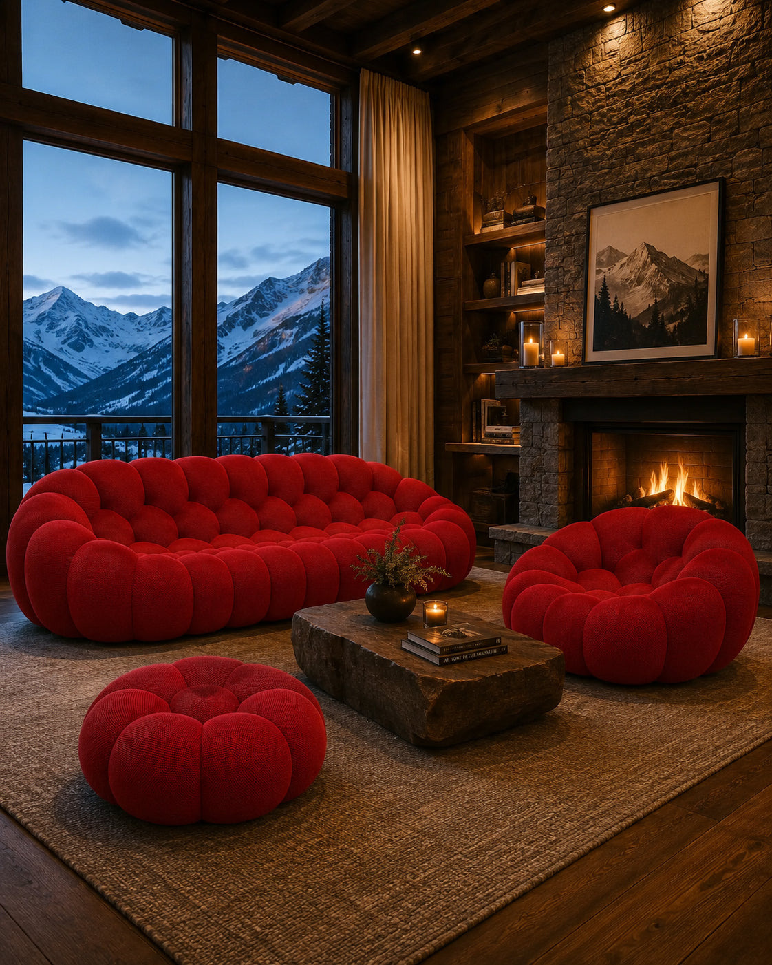 Canapé, fauteuil et pouf Orbe Paris en tissu rouge près d'une cheminée, dans un chalet de montagne face aux sommets enneigés.