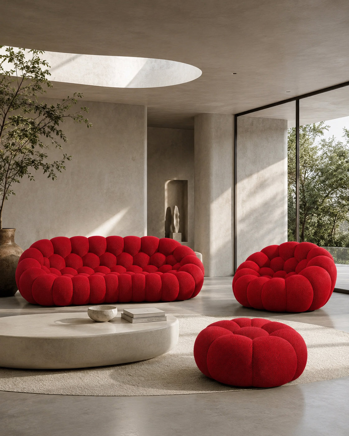 Canapé, fauteuil et pouf Orbe Paris en tissu rouge dans un intérieur architectural épuré en béton clair, ouvert sur la végétation par de larges baies vitrées.