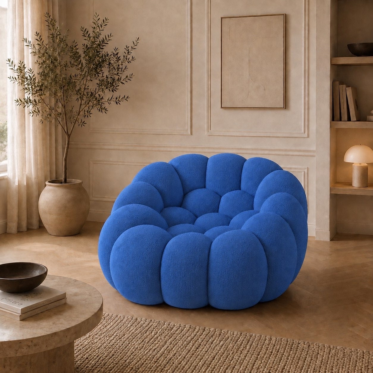 Fauteuil Rousseau en tissu 3D Bleu roi, mis en scène dans un salon — Orbe Paris