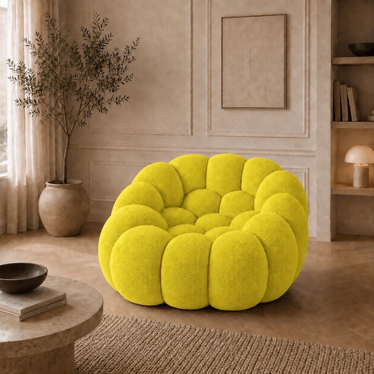 Fauteuil Rousseau en tissu 3D Jaune fluo / anis, mis en scène dans un salon — Orbe Paris