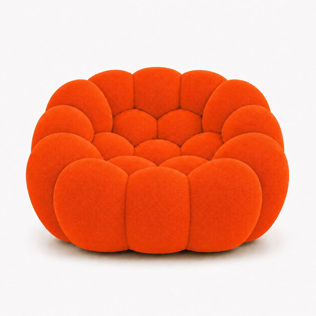 Fauteuil Rousseau en tissu 3D Orange vif, vu de face sur fond studio — Orbe Paris
