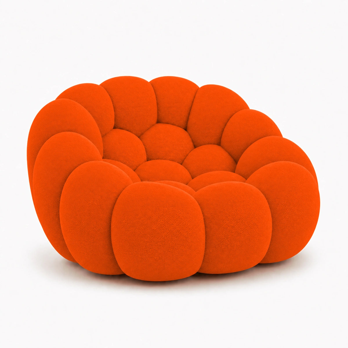 Fauteuil Rousseau en tissu 3D Orange vif, vu de profil sur fond studio — Orbe Paris