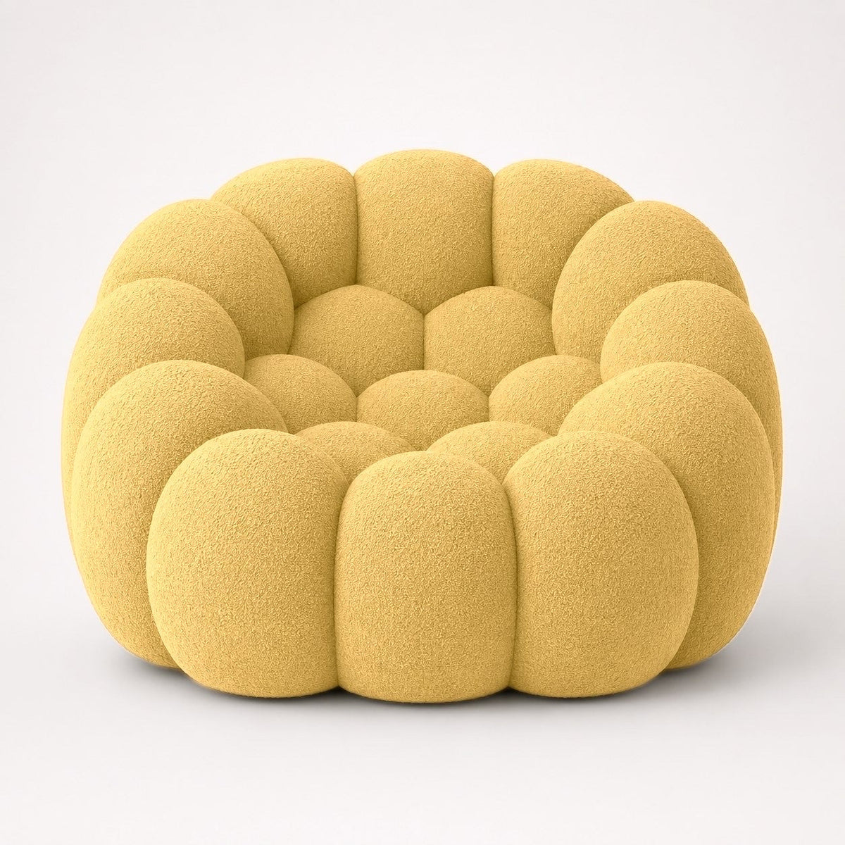 Fauteuil Rousseau en maille bouclette Jaune miel, vu de face sur fond studio — Orbe Paris