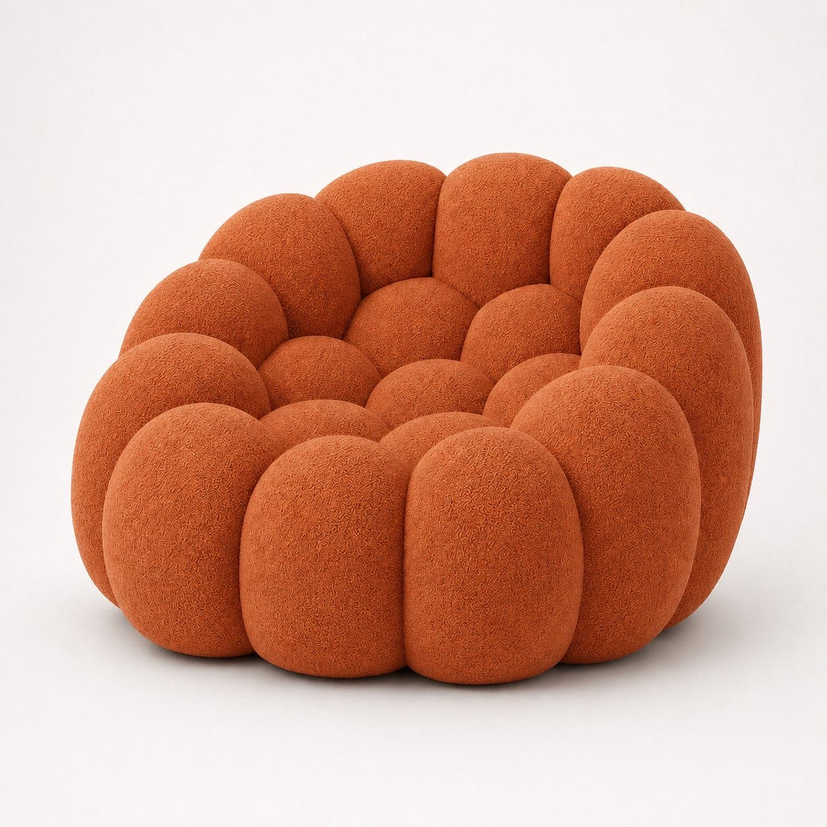 Fauteuil Rousseau en maille bouclette Terracotta, vu de profil sur fond studio — Orbe Paris