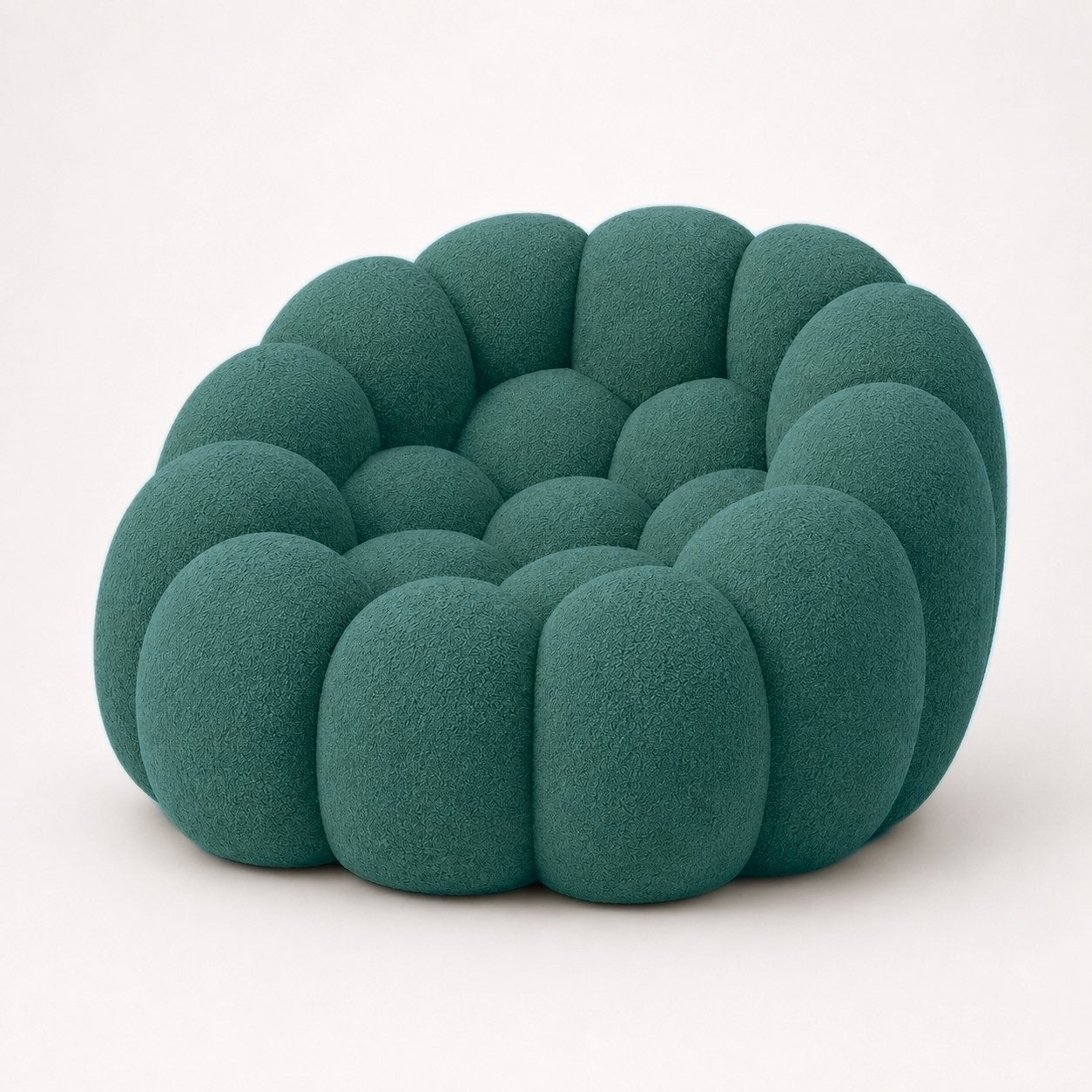 Fauteuil Rousseau en maille bouclette Vert canard, vu de profil sur fond studio — Orbe Paris