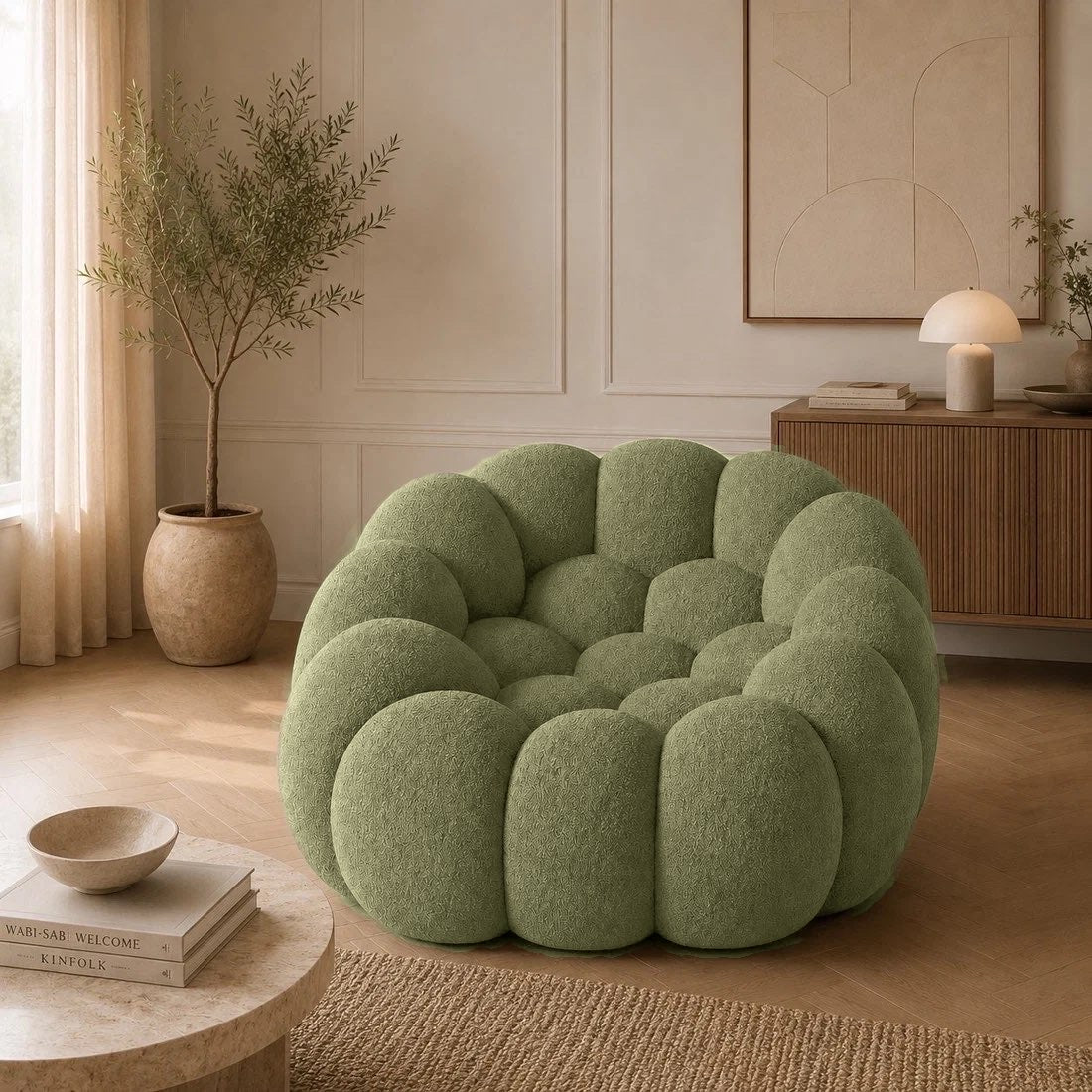 Fauteuil Rousseau en maille bouclette Vert sauge, mis en scène dans un salon — Orbe Paris