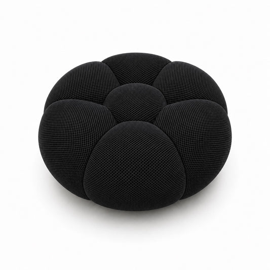 Pouf Rousseau, coloris Noir textile, vue de face, assise sculpturale arrondie — Orbe Paris