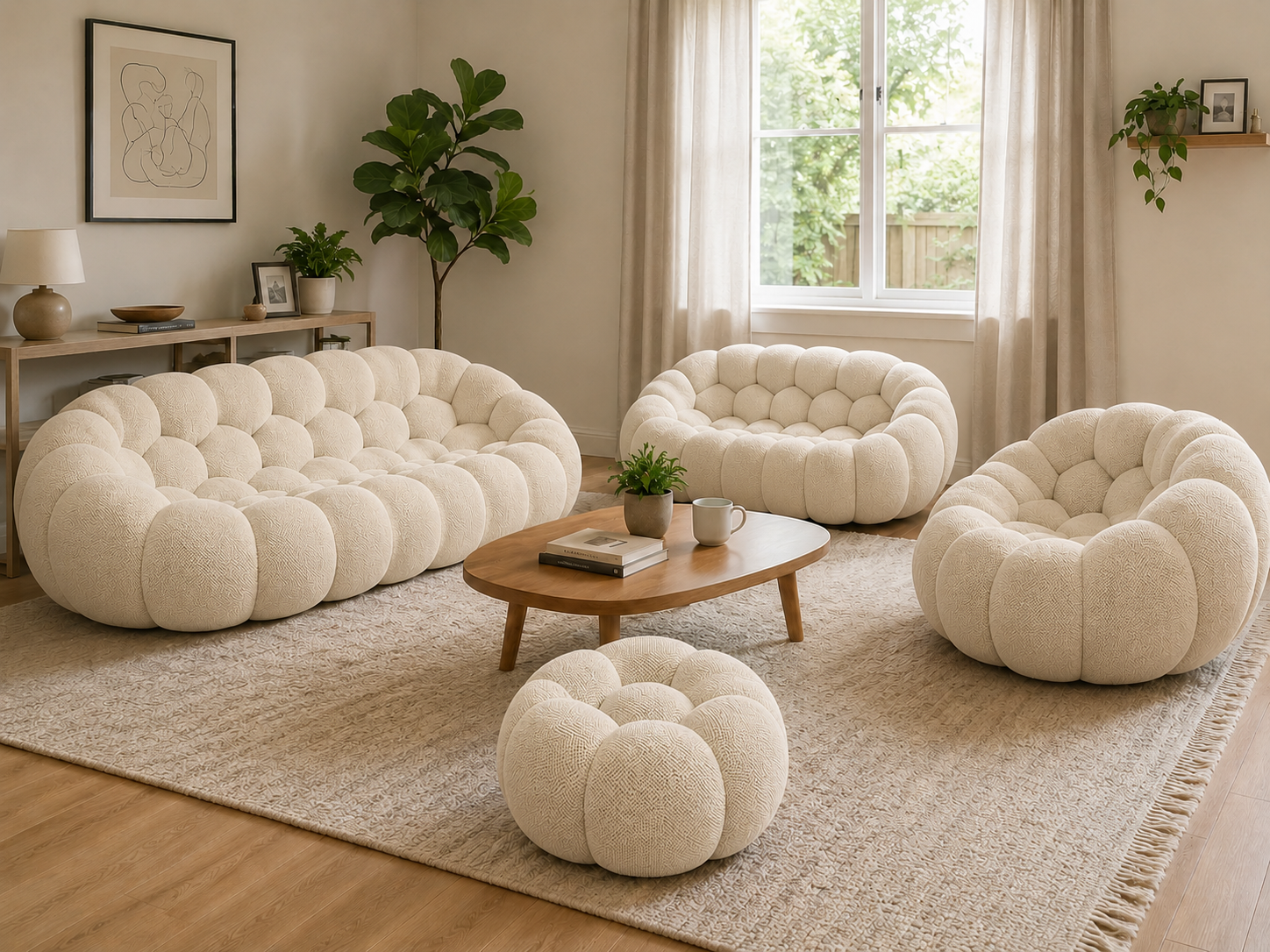 Canapé Rousseau, fauteuil et pouf Blanc cassé dans un intérieur chaleureux en bois clair — Orbe Paris