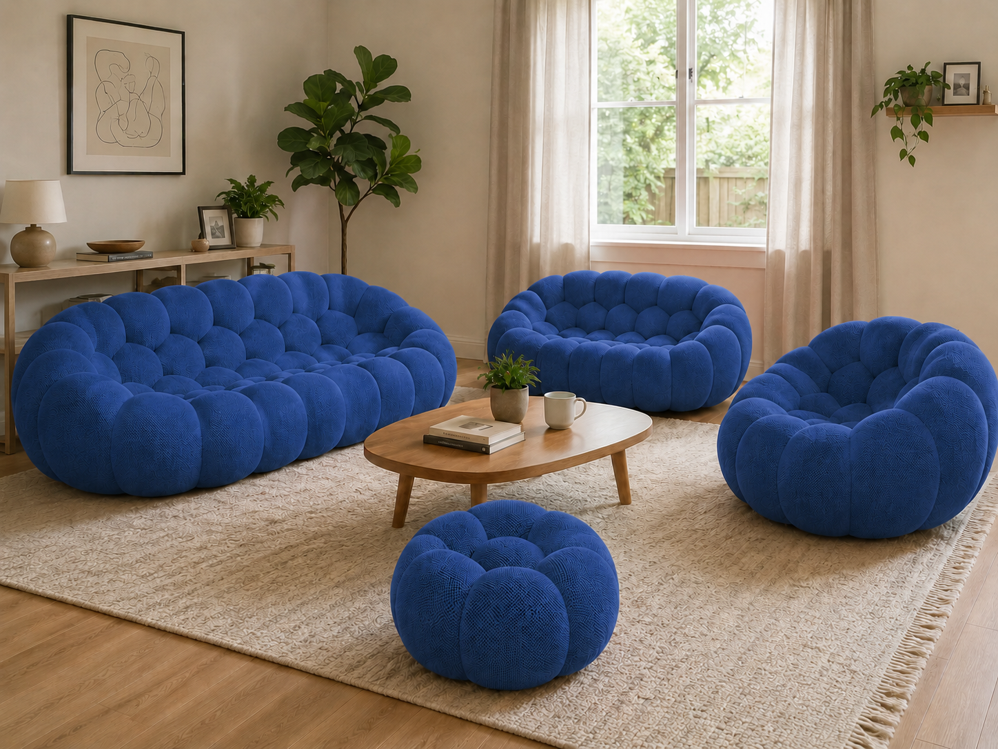 Canapé Rousseau, fauteuil et pouf Bleu roi dans un intérieur chaleureux en bois clair — Orbe Paris