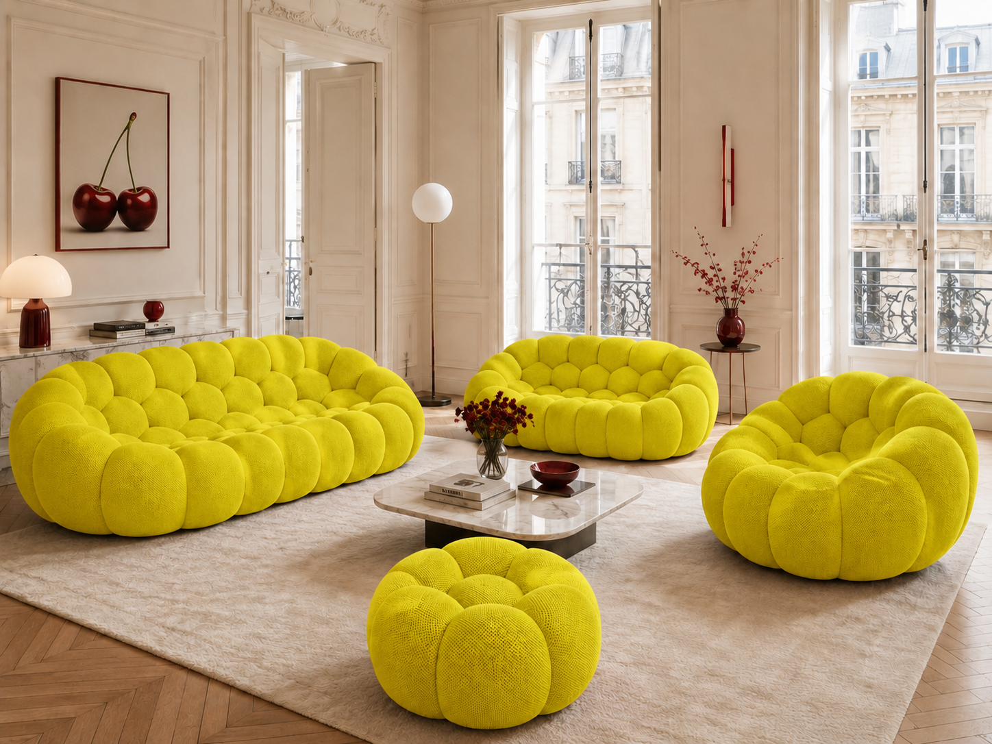 Canapé Rousseau, fauteuil et pouf Jaune fluo / anis dans un salon parisien lumineux — Orbe Paris