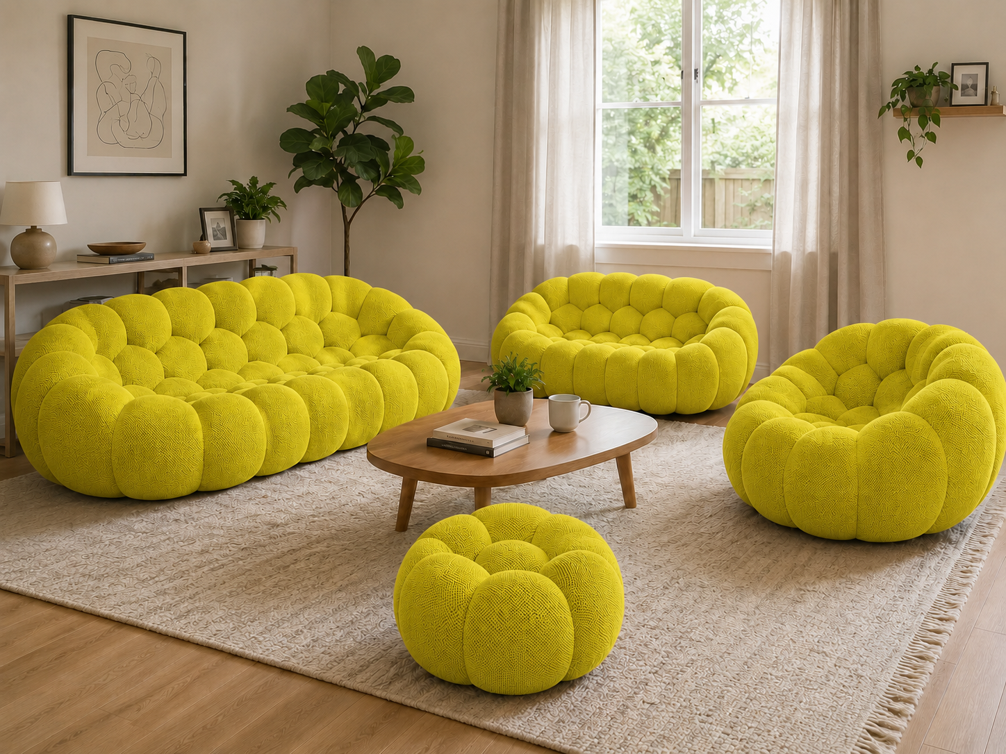 Canapé Rousseau, fauteuil et pouf Jaune fluo / anis dans un intérieur chaleureux en bois clair — Orbe Paris