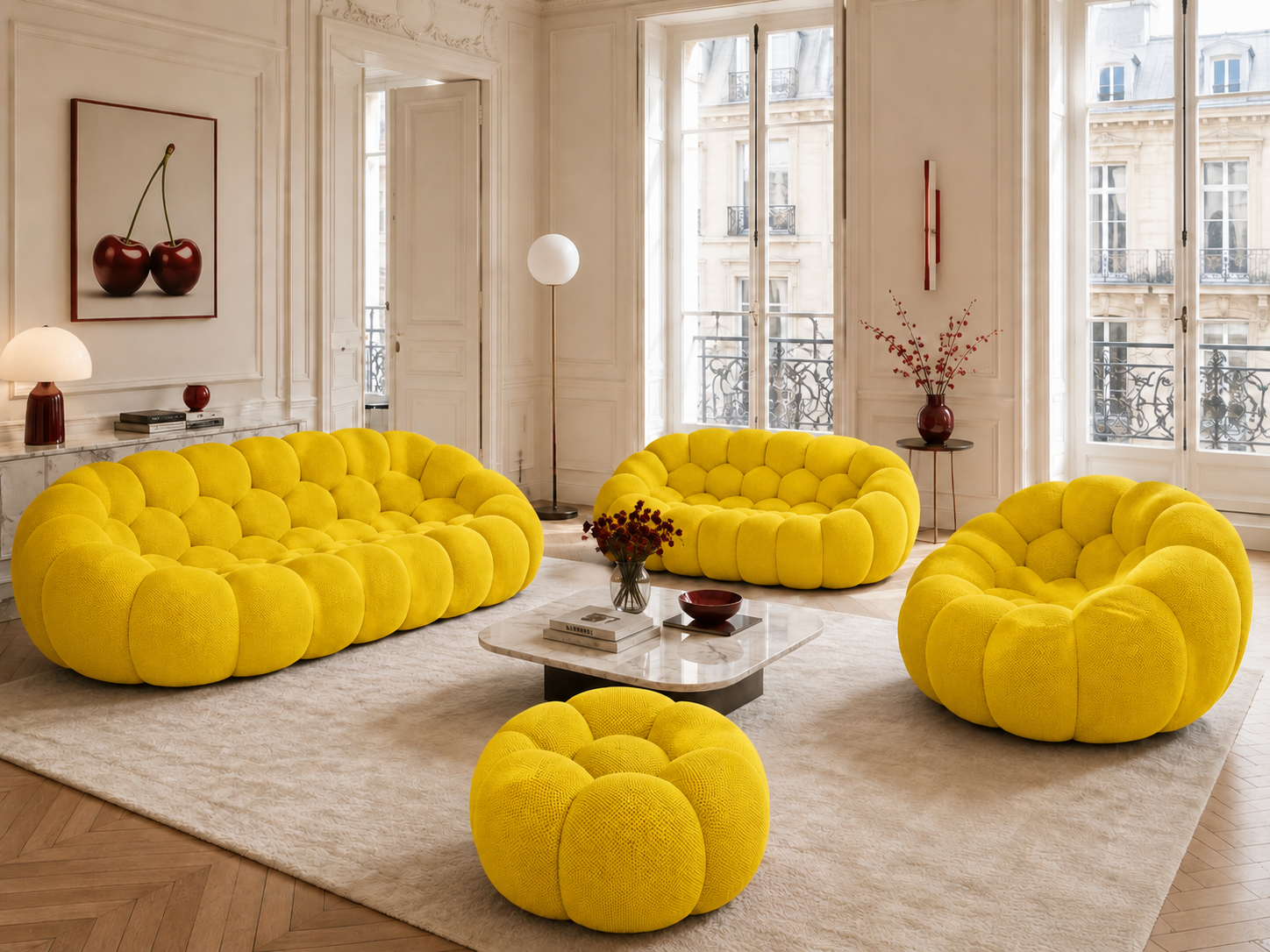 Canapé Rousseau, fauteuil et pouf Jaune vif chaud dans un salon parisien lumineux — Orbe Paris