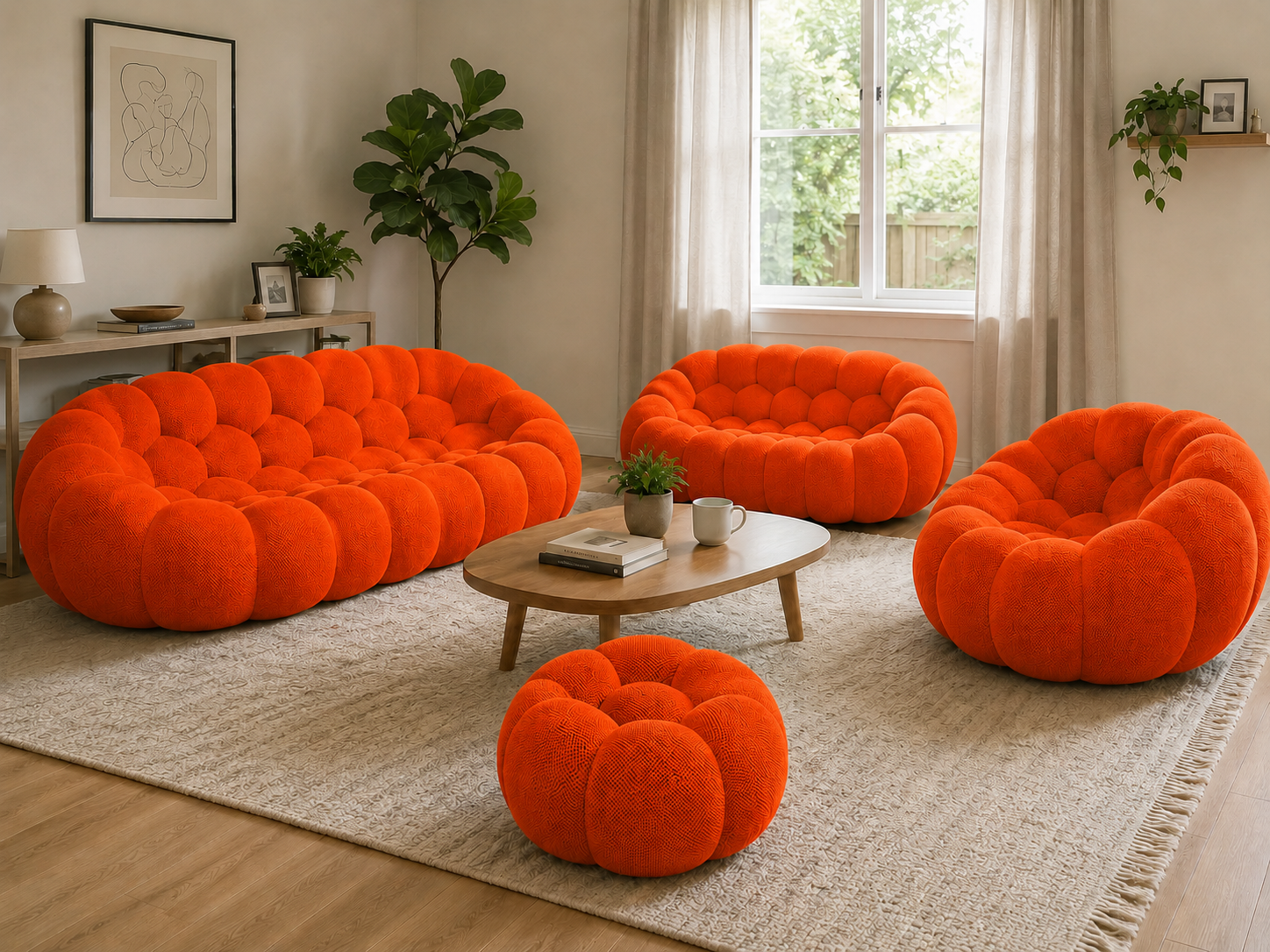 Canapé Rousseau, fauteuil et pouf Orange vif dans un intérieur chaleureux en bois clair — Orbe Paris