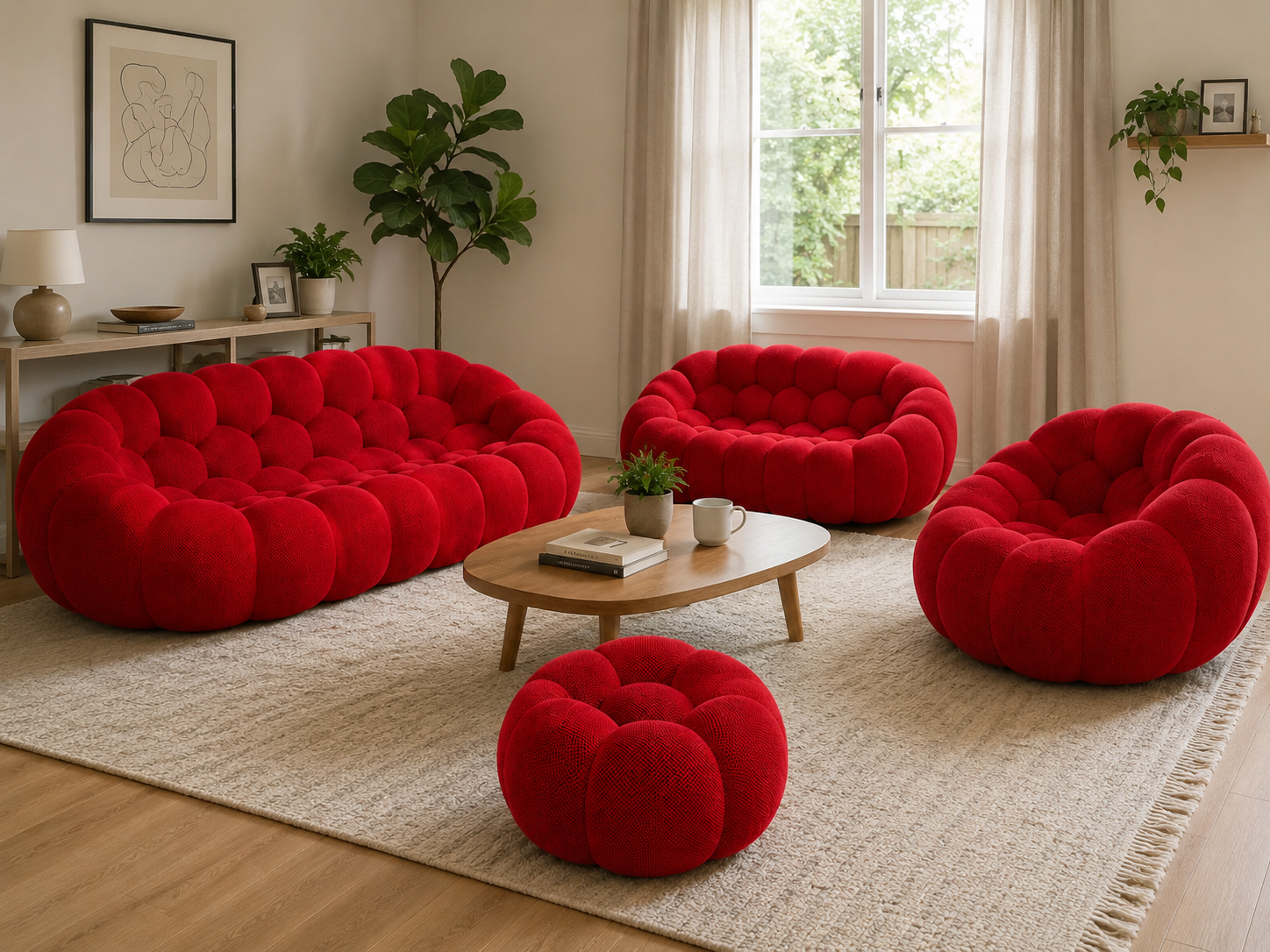 Canapé Rousseau, fauteuil et pouf Rouge profond dans un intérieur chaleureux en bois clair — Orbe Paris
