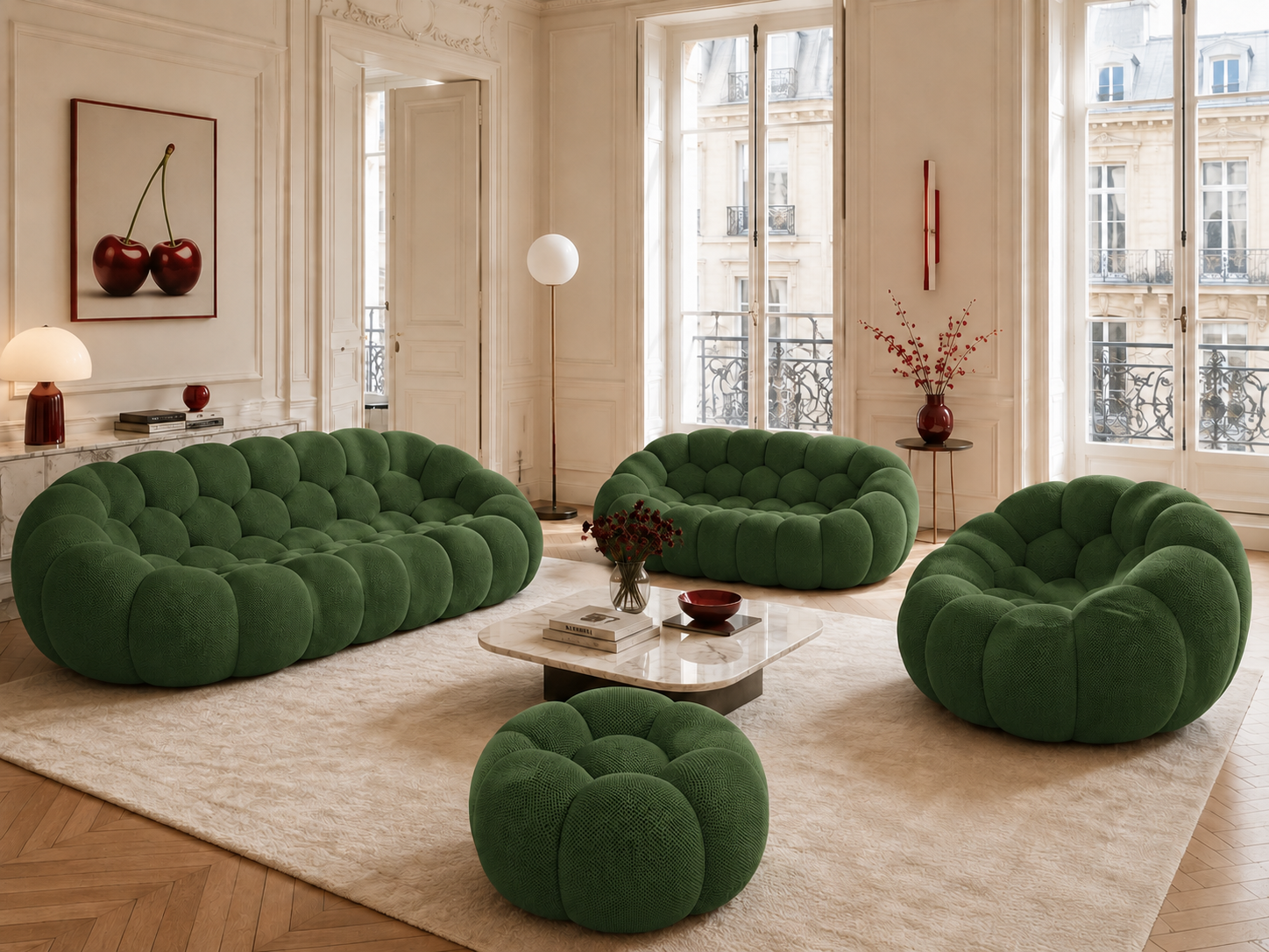Canapé Rousseau, fauteuil et pouf Vert forêt dans un salon parisien lumineux — Orbe Paris