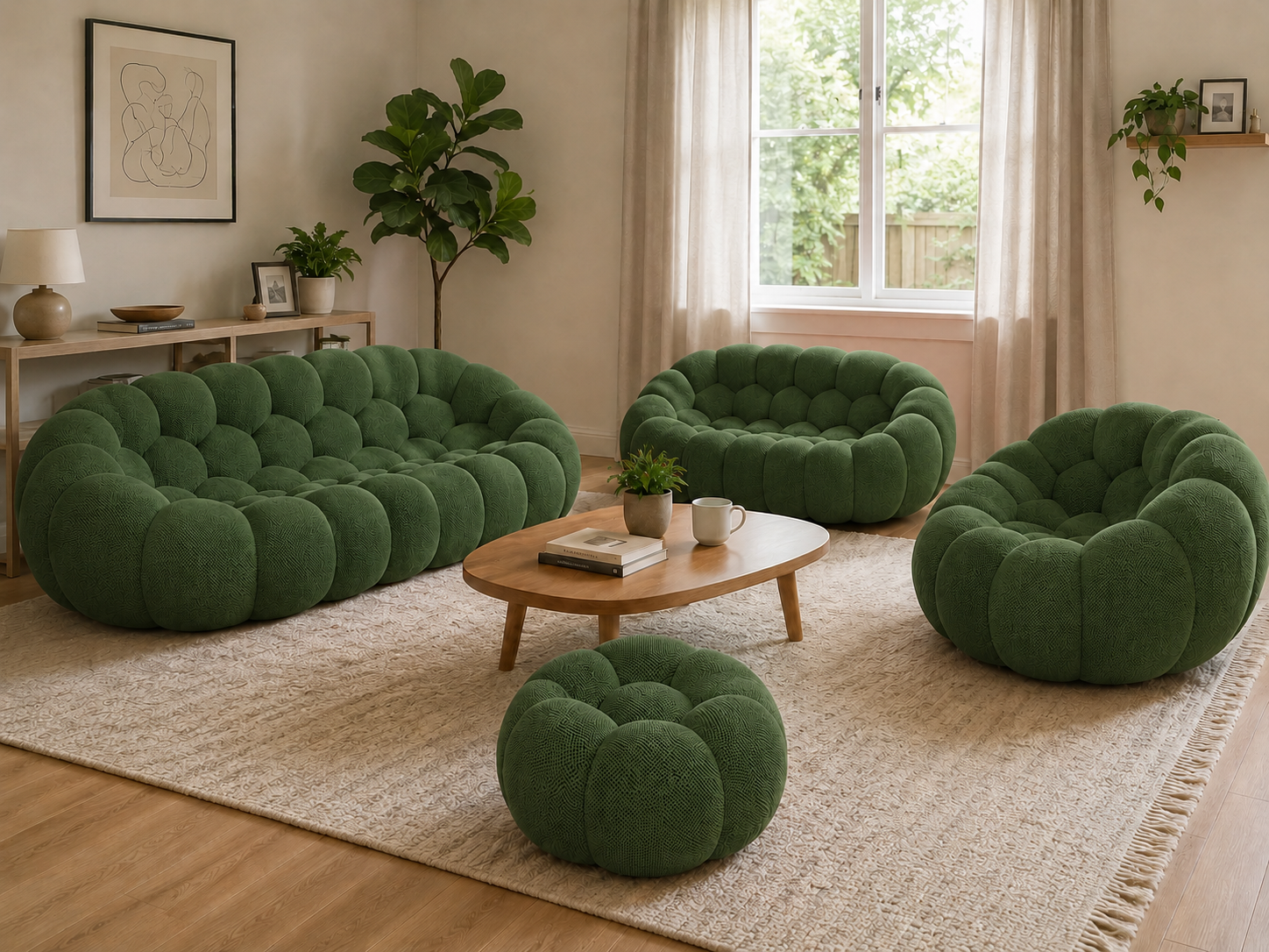 Canapé Rousseau, fauteuil et pouf Vert forêt dans un intérieur chaleureux en bois clair — Orbe Paris
