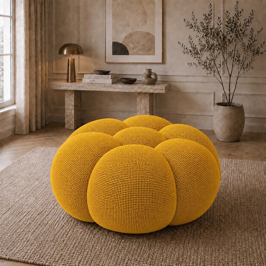 Pouf Rousseau en tissu 3D Jaune vif chaud, mis en scène dans un salon — Orbe Paris