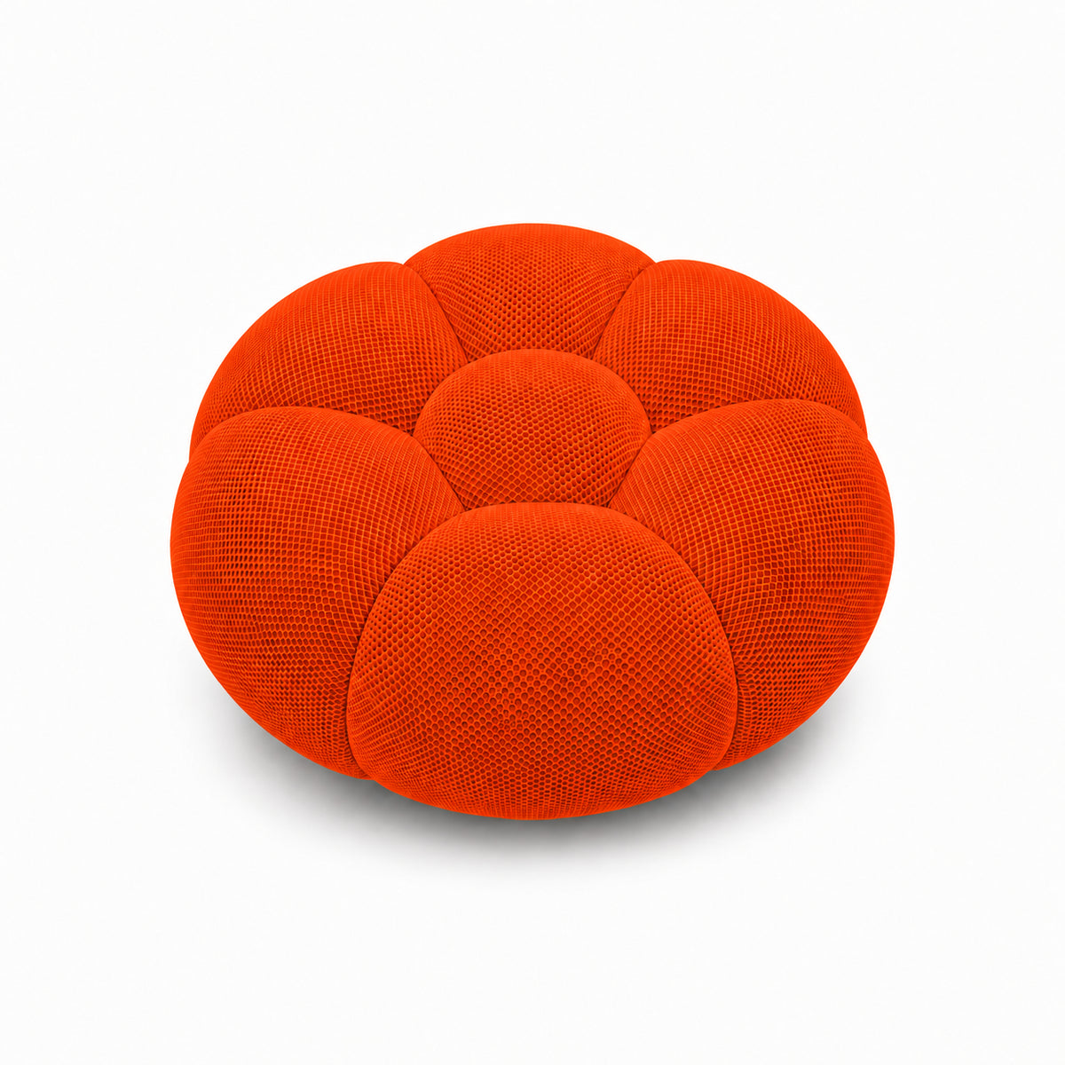 Pouf Rousseau en tissu 3D Orange vif, vu de face sur fond studio — Orbe Paris
