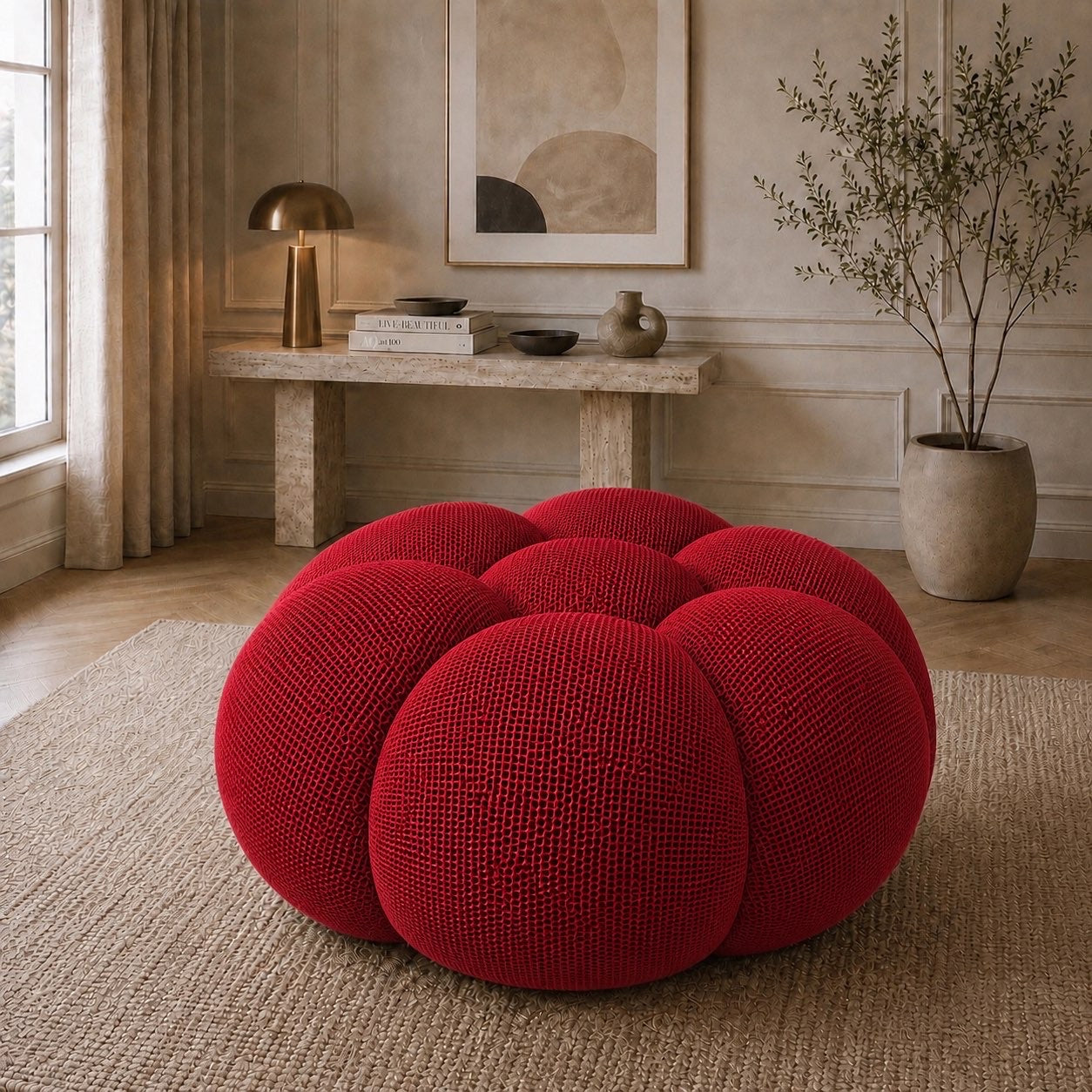 Pouf Rousseau en tissu 3D Rouge profond, mis en scène dans un salon — Orbe Paris