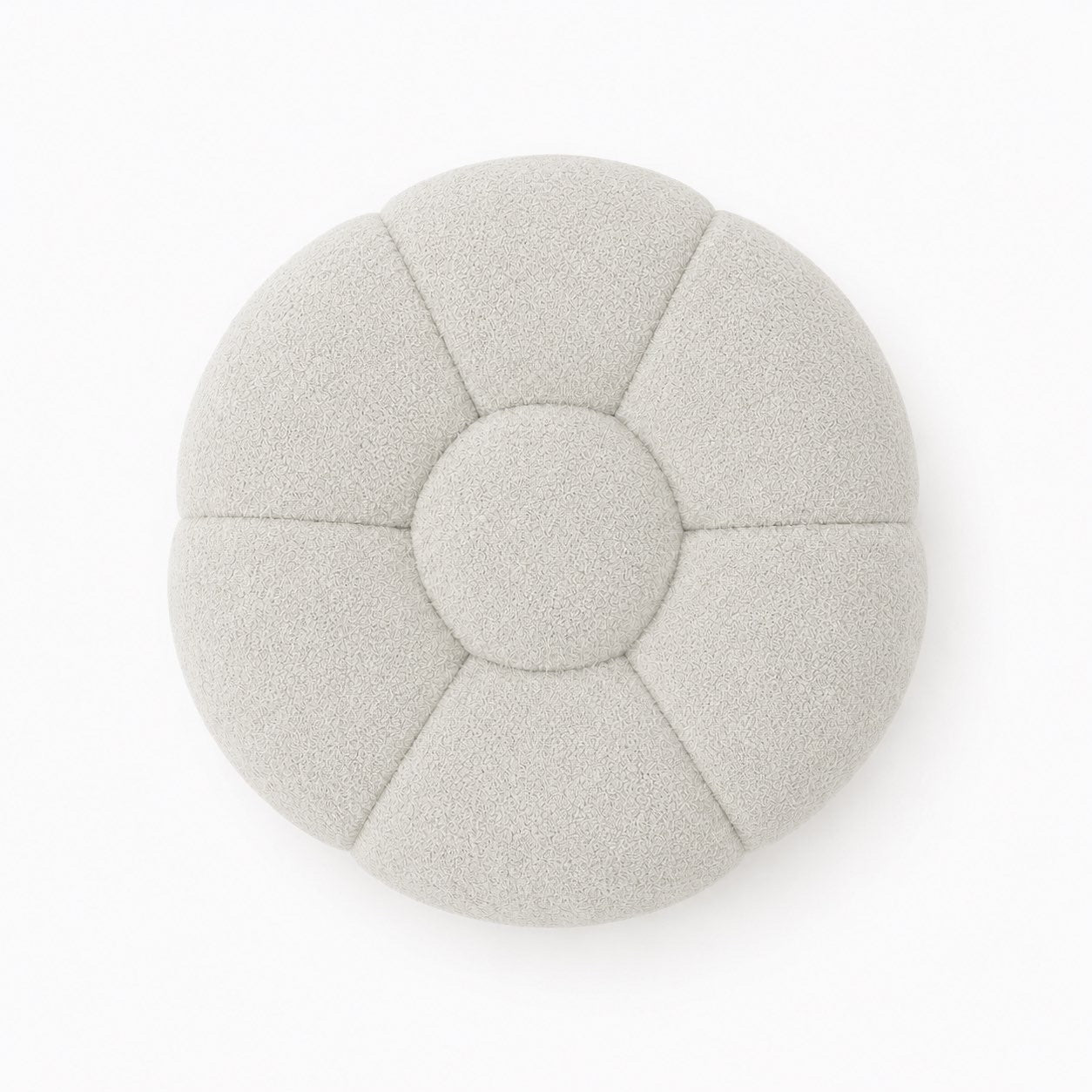 Pouf Rousseau en maille bouclette Blanc cassé, vu de dessus sur fond studio — Orbe Paris