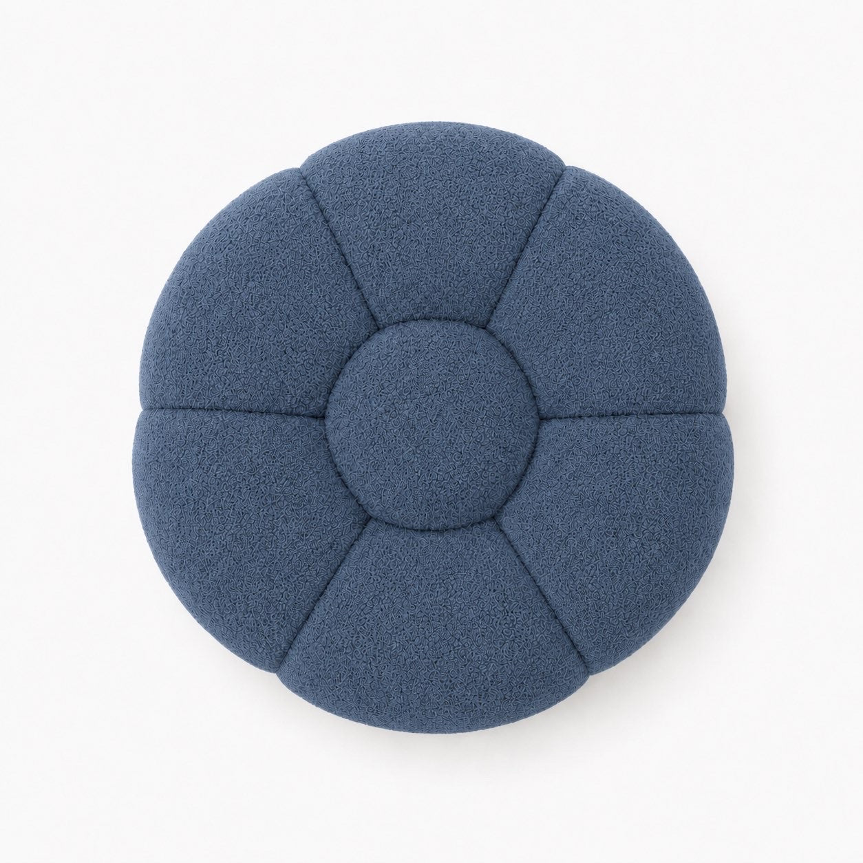 Pouf Rousseau en maille bouclette Bleu gris, vu de dessus sur fond studio — Orbe Paris