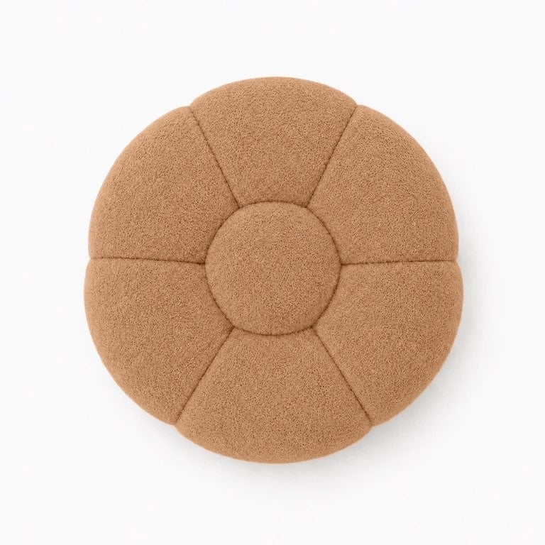Pouf Rousseau en maille bouclette Camel, vu de dessus sur fond studio — Orbe Paris