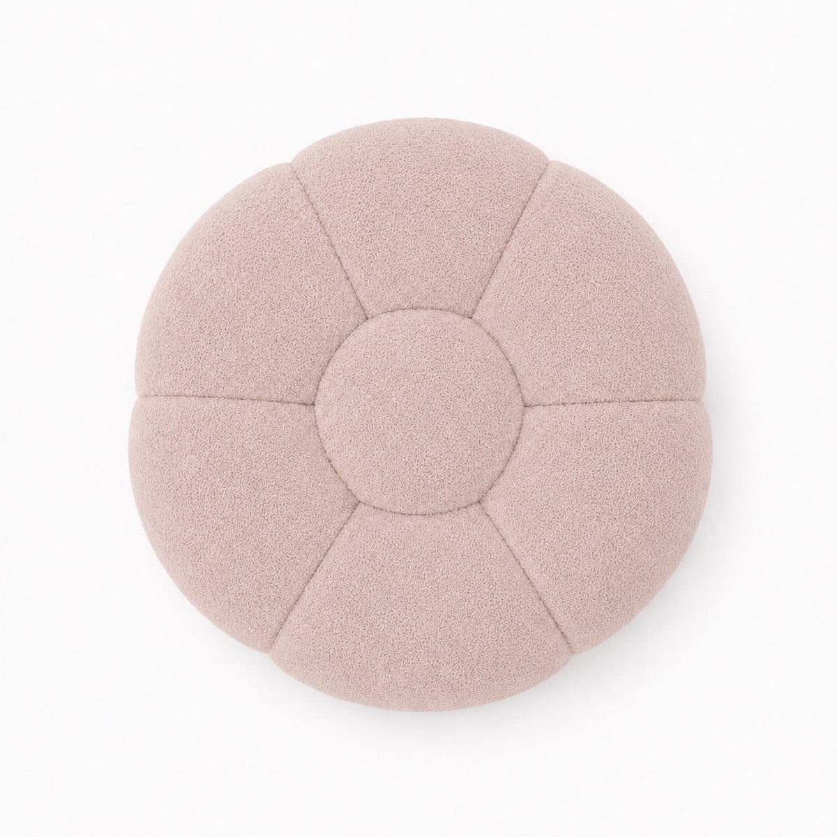 Pouf Rousseau en maille bouclette Rose poudré, vu de dessus sur fond studio — Orbe Paris