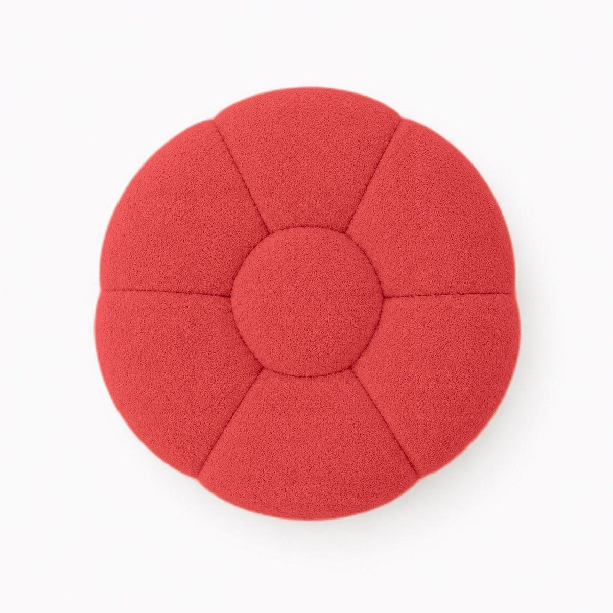 Pouf Rousseau en maille bouclette Rouge corail, vu de dessus sur fond studio — Orbe Paris