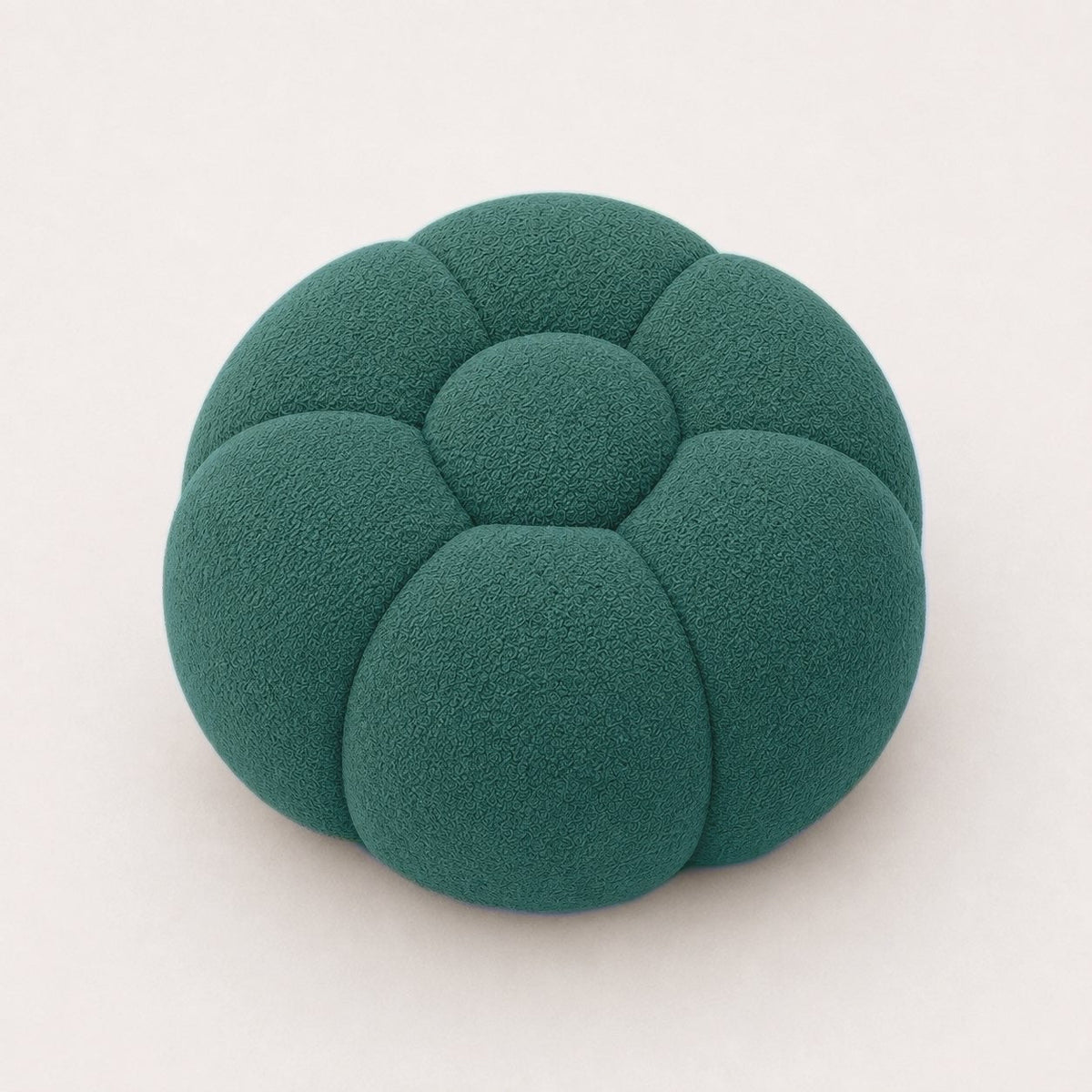 Pouf Rousseau en maille bouclette Vert canard, vu de face sur fond studio — Orbe Paris