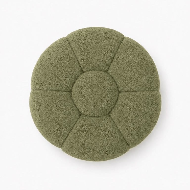 Pouf Rousseau en maille bouclette Vert sauge, vu de dessus sur fond studio — Orbe Paris