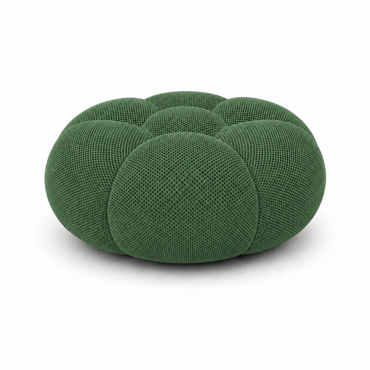 Pouf Rousseau en tissu 3D Vert forêt, vu de dessous sur fond studio — Orbe Paris