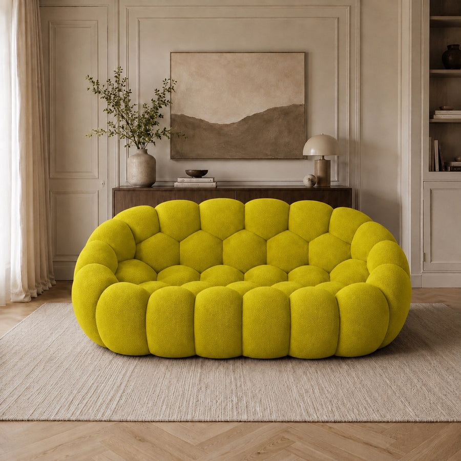 Canapé Rousseau 2-3 places en tissu 3D Jaune fluo / anis, mis en scène dans un salon — Orbe Paris