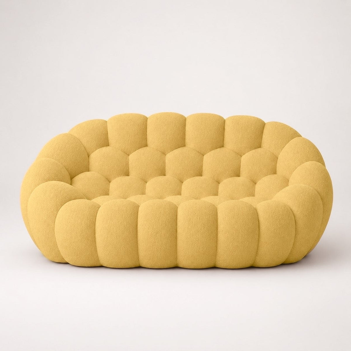 Canapé Rousseau 2-3 places en maille bouclette Jaune miel, vu de face sur fond studio — Orbe Paris