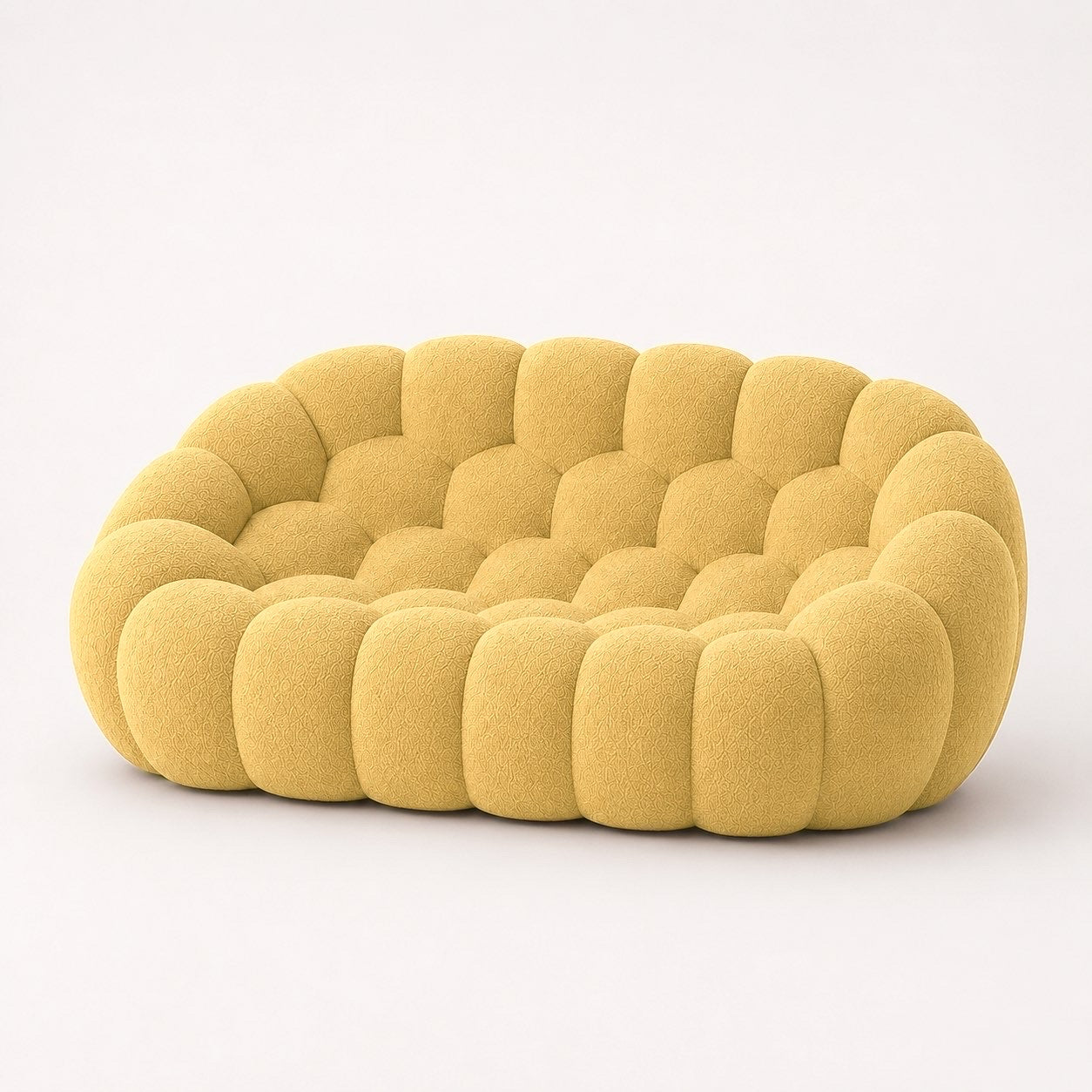 Canapé Rousseau 2-3 places en maille bouclette Jaune miel, vu de profil sur fond studio — Orbe Paris