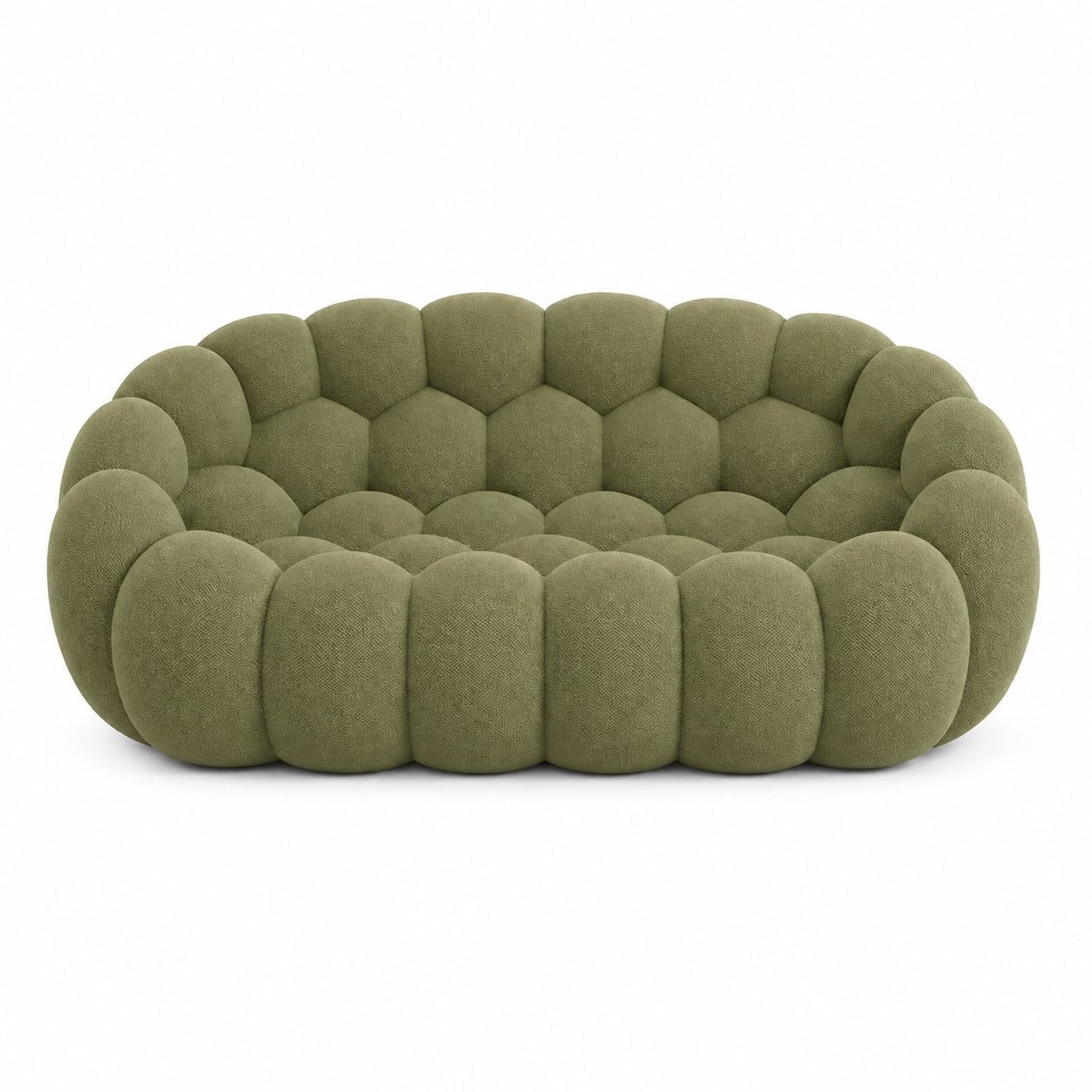 Canapé Rousseau 2-3 places en maille bouclette Vert sauge, vu de face sur fond studio — Orbe Paris