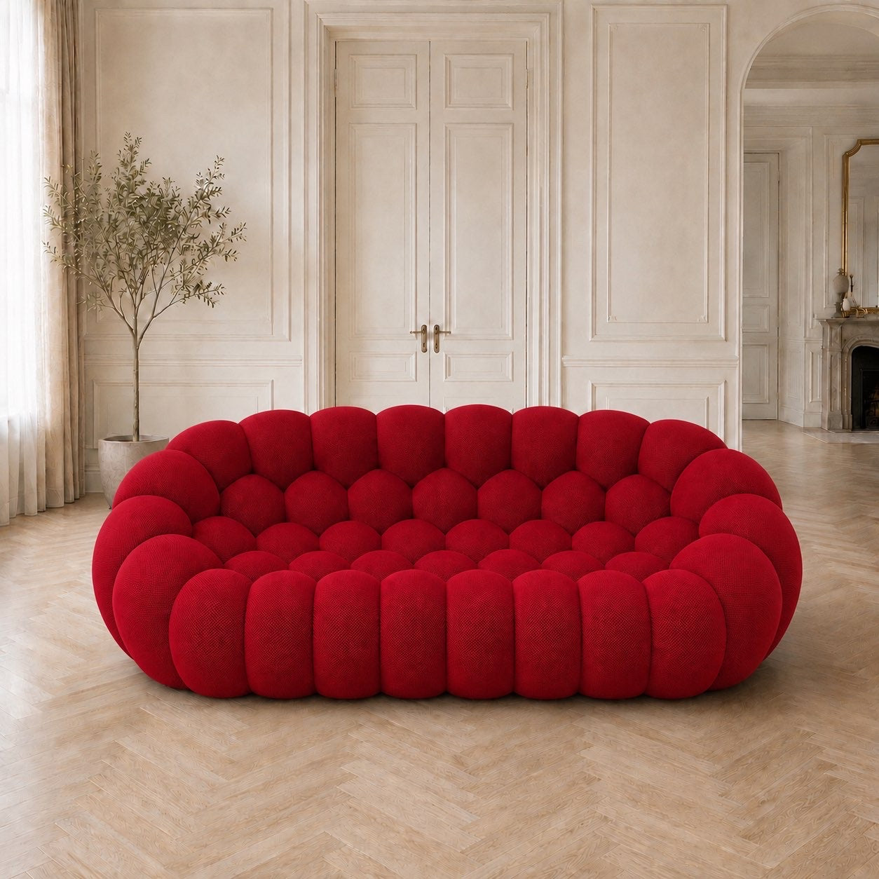 Canapé Rousseau 3-4 places en tissu 3D Rouge profond, mis en scène dans un salon — Orbe Paris