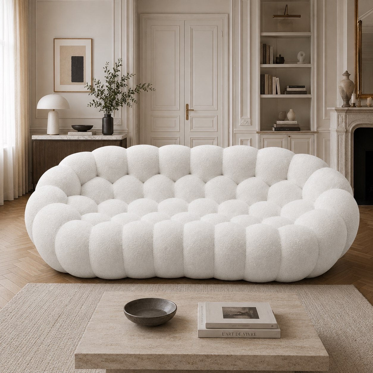 Canapé Rousseau 3-4 places en maille bouclette Blanc cassé, mis en scène dans un salon — Orbe Paris