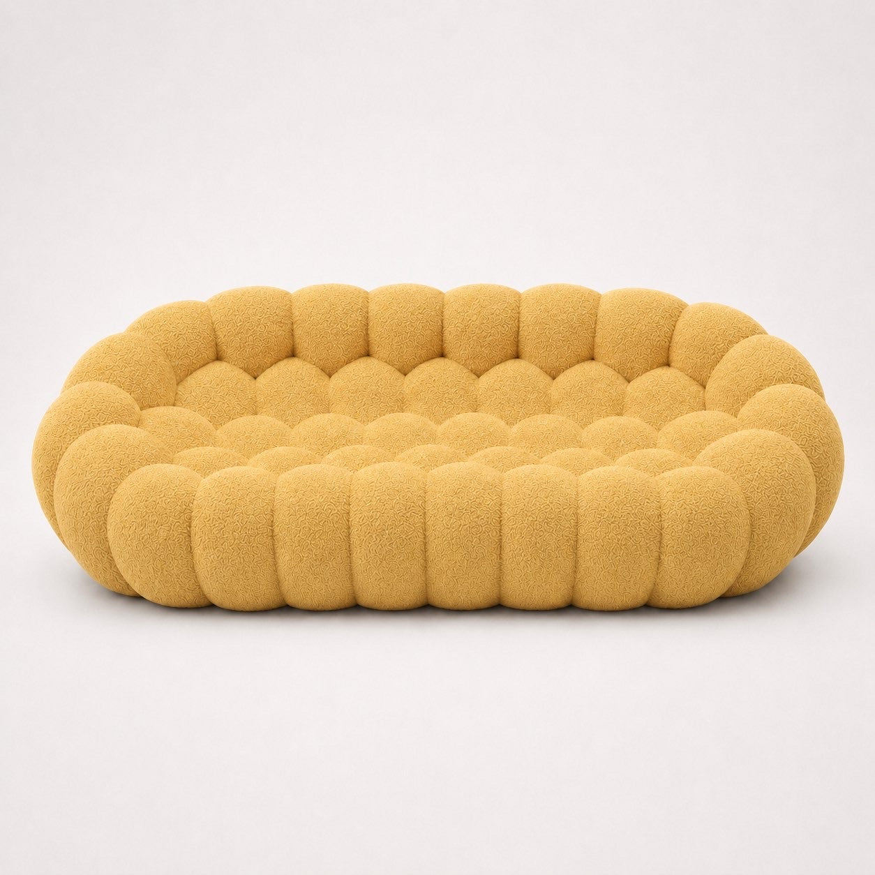 Canapé Rousseau 3-4 places en maille bouclette Jaune miel, vu de face sur fond studio — Orbe Paris