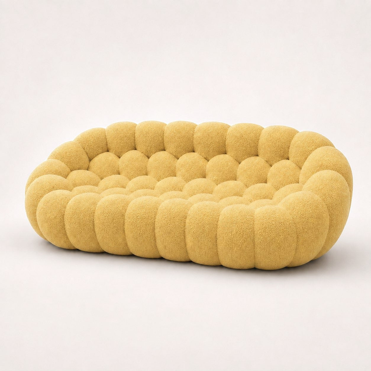 Canapé Rousseau 3-4 places en maille bouclette Jaune miel, vu de profil sur fond studio — Orbe Paris