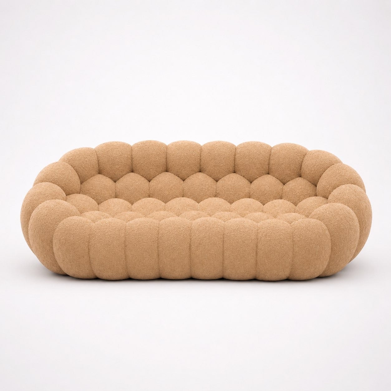 Canapé Rousseau 3-4 places en maille bouclette Camel, vu de face sur fond studio — Orbe Paris