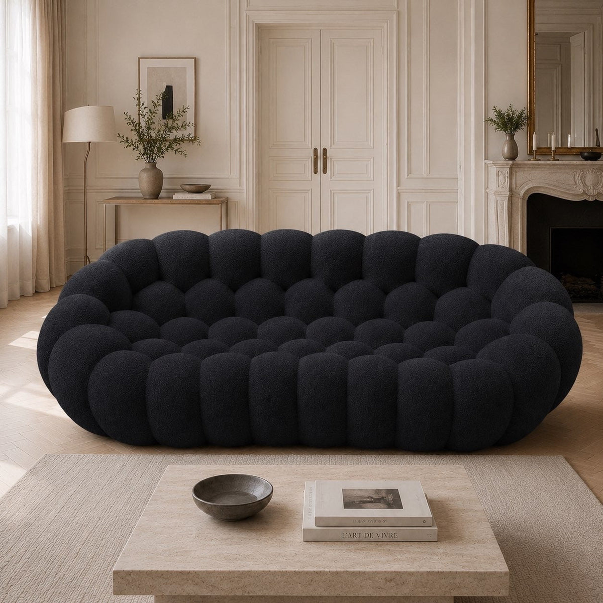 Canapé Rousseau 3-4 places en maille bouclette Noir, mis en scène dans un salon — Orbe Paris