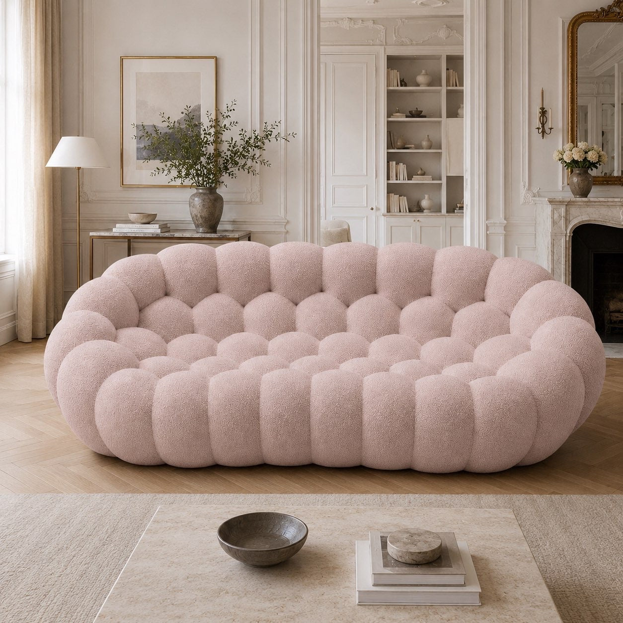 Canapé Rousseau 3-4 places en maille bouclette Rose poudré, mis en scène dans un salon — Orbe Paris