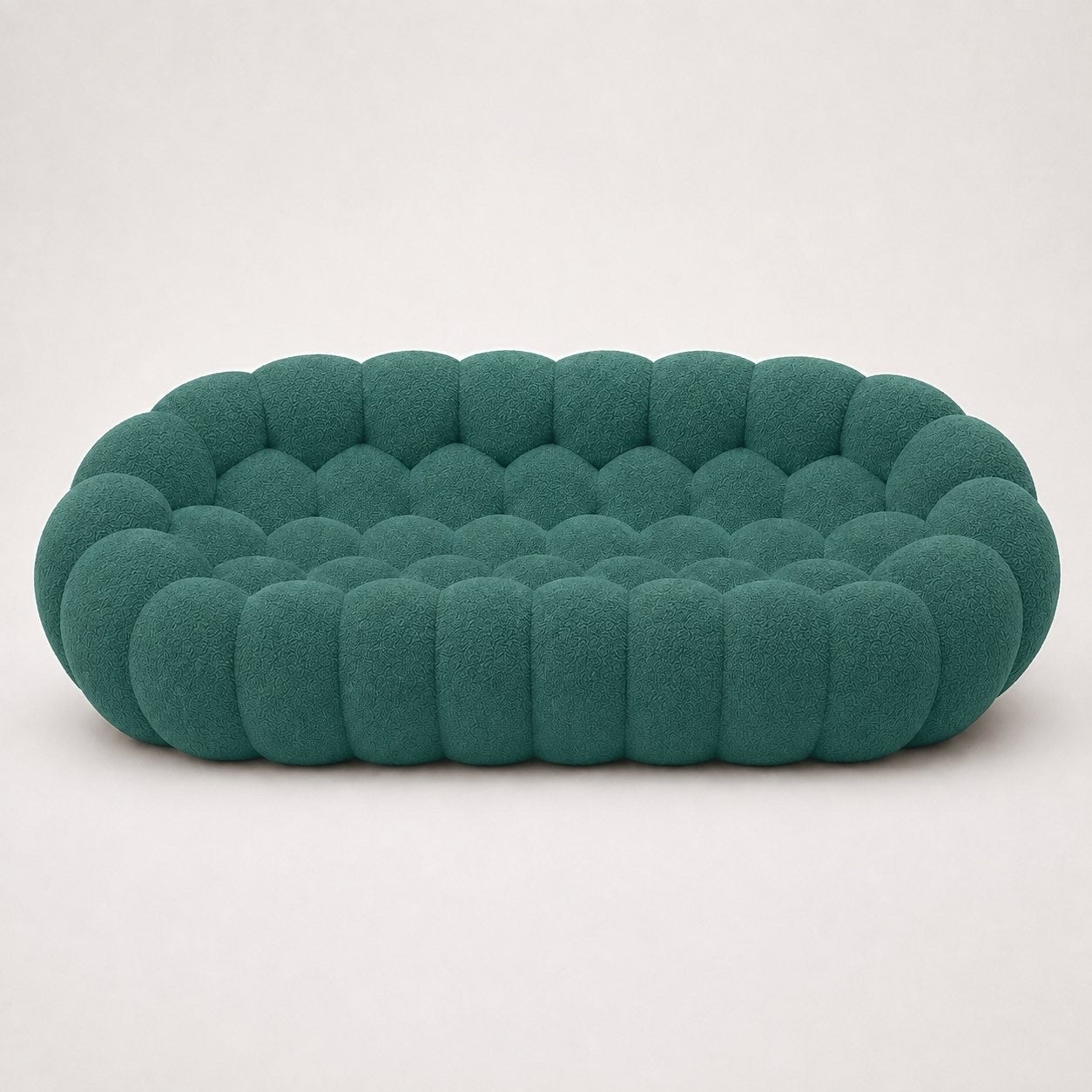 Canapé Rousseau 3-4 places en maille bouclette Vert canard, vu de face sur fond studio — Orbe Paris
