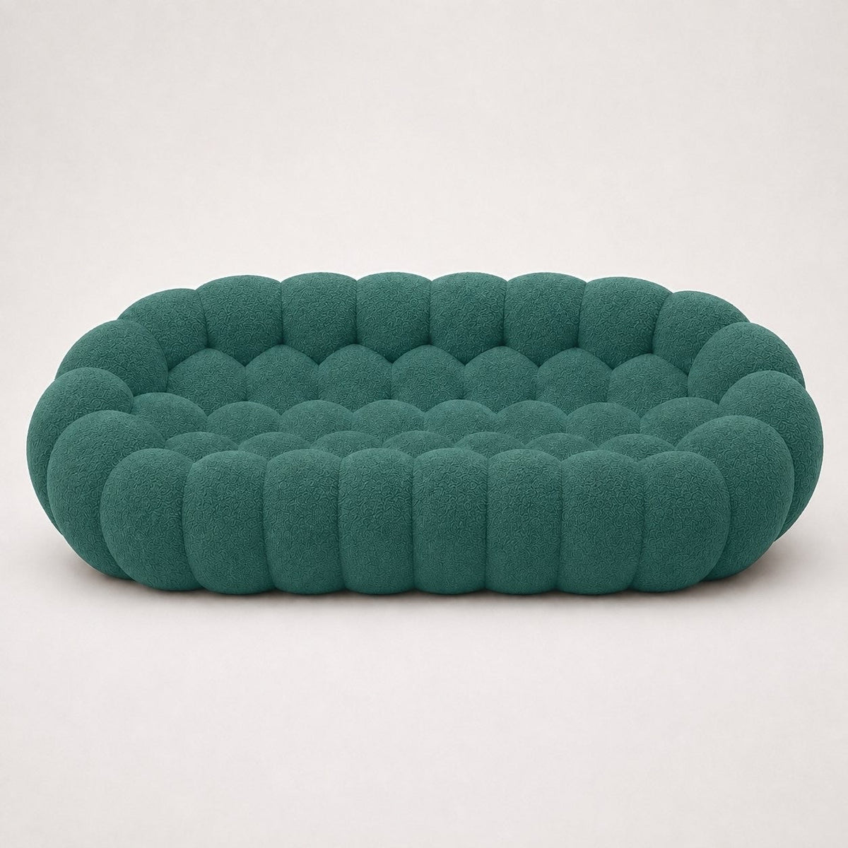 Canapé Rousseau 3-4 places en maille bouclette Vert canard, vu de face sur fond studio — Orbe Paris