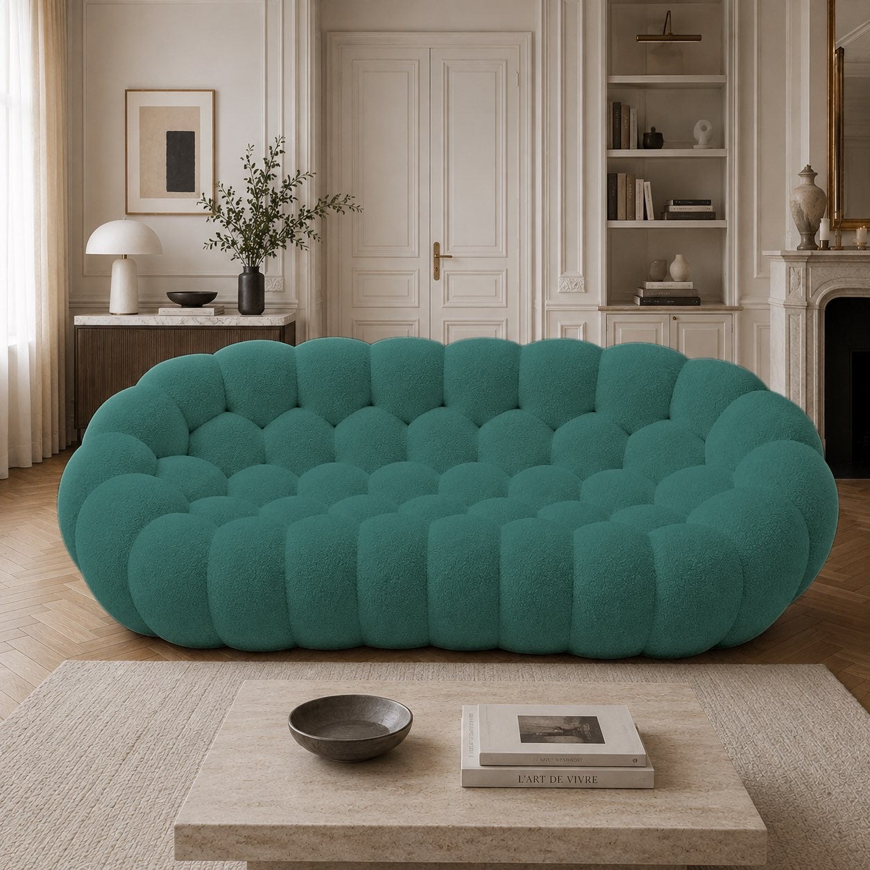 Canapé Rousseau 3-4 places en maille bouclette Vert canard, mis en scène dans un salon — Orbe Paris
