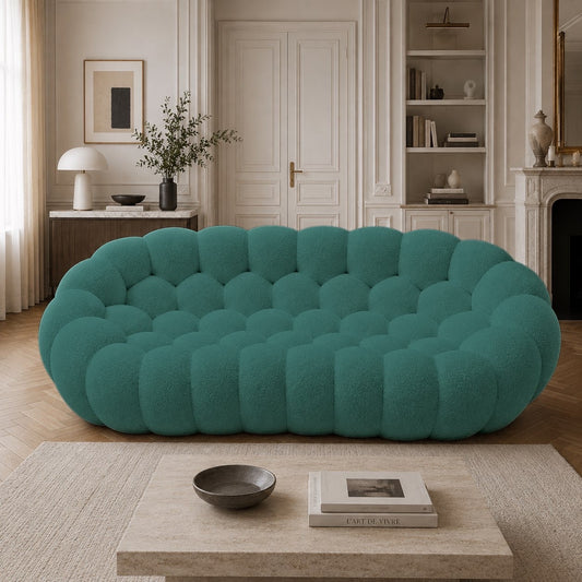 Canapé Rousseau 3-4 places en maille bouclette Vert canard, mis en scène dans un salon — Orbe Paris