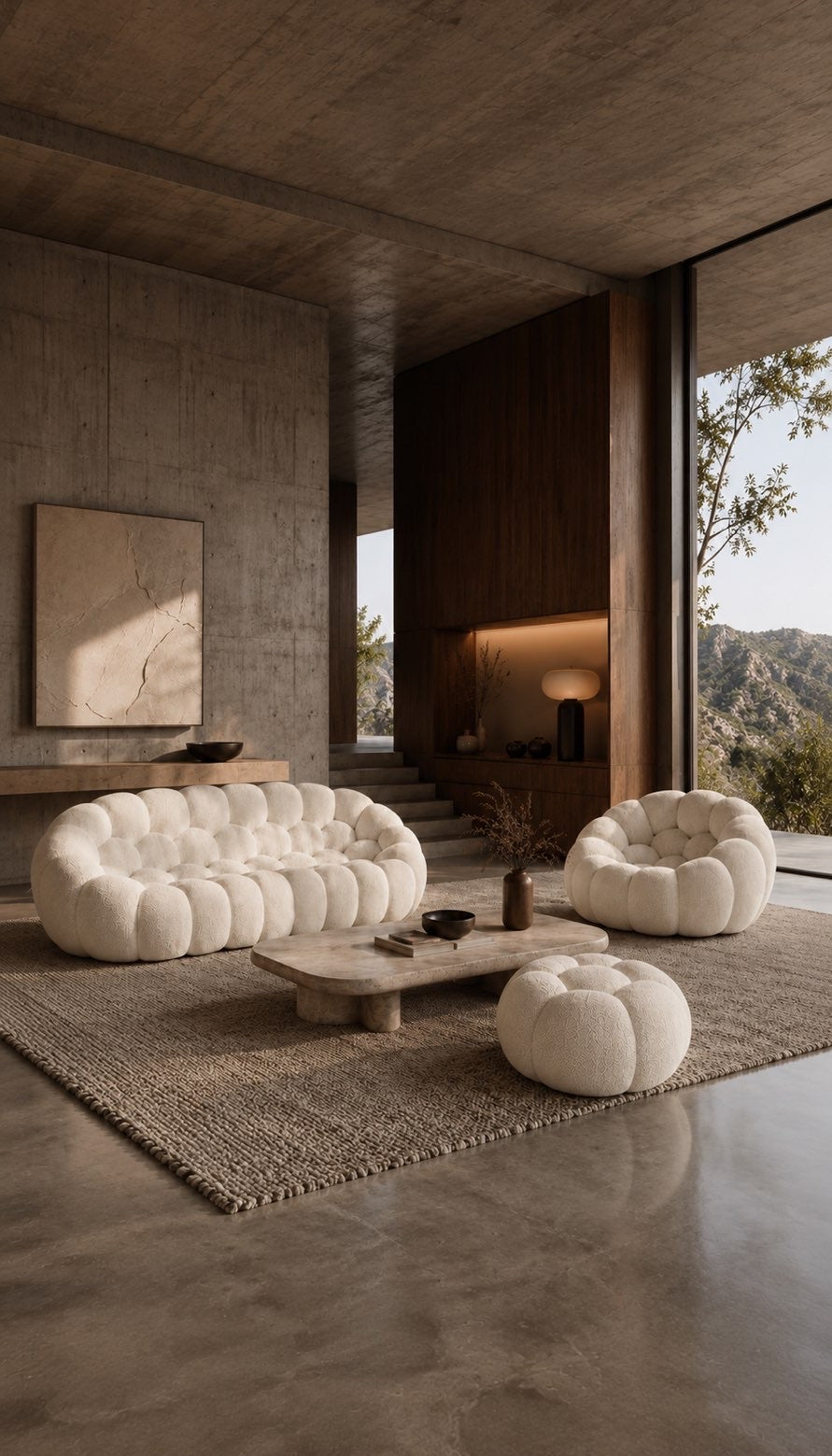 Salon contemporain avec canapé, fauteuil et pouf Rousseau en blanc cassé — Orbe Paris