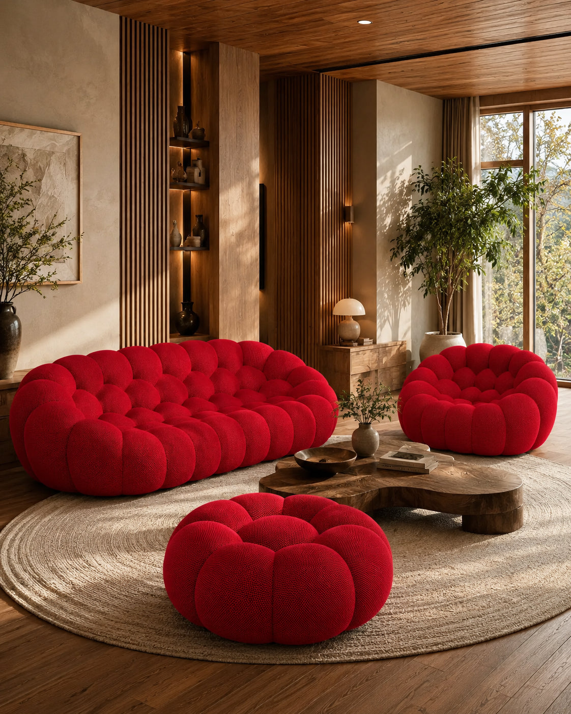 Canapé, fauteuil et pouf Orbe Paris en tissu rouge dans un salon contemporain chaleureux aux tons bois et beige, ouvert sur la nature par une grande baie vitrée.